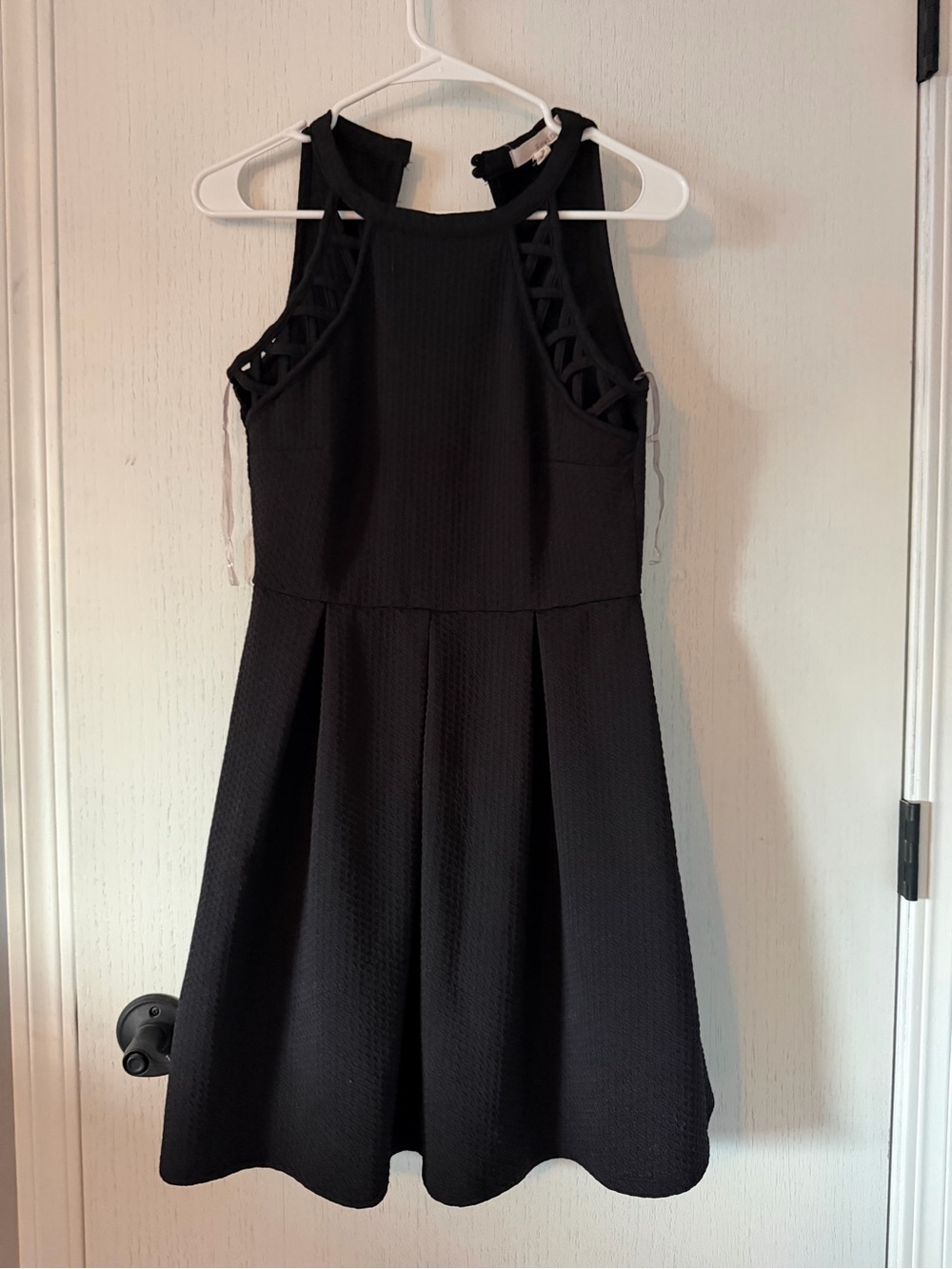 Rewind Black Halter Skater Dress Juniors Medium Waffle Knit Cutout Sleeveless
